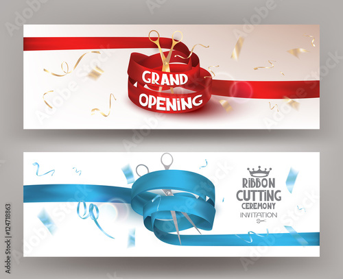 Grand opening horizontal banners with curly blue and red ribbons, scissors and confetti