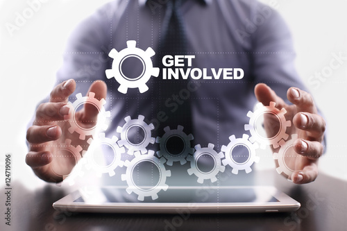 Εκτύπωση καμβά Businessman is using tablet pc and selecting get involved
