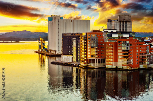 Stavanger panorama at sunrise view from bridge, Norway.