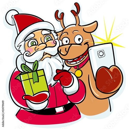 happy christmas selfie santa and deer with ggift photo