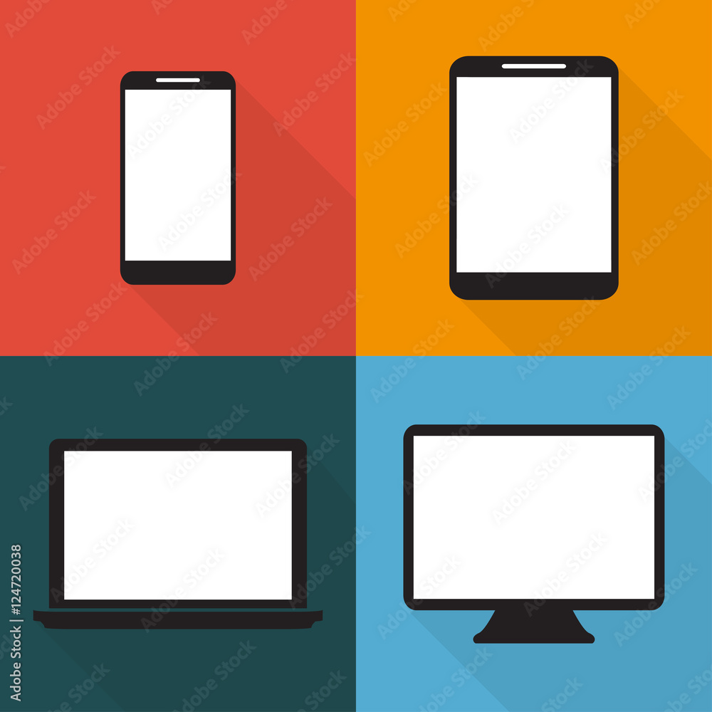 Set of techniques in flat, phones, tablets, monitors, laptops on colored backgrounds, vector Set of techniques in flat, phones, tablets, monitors, laptops on colored backgrounds, vector