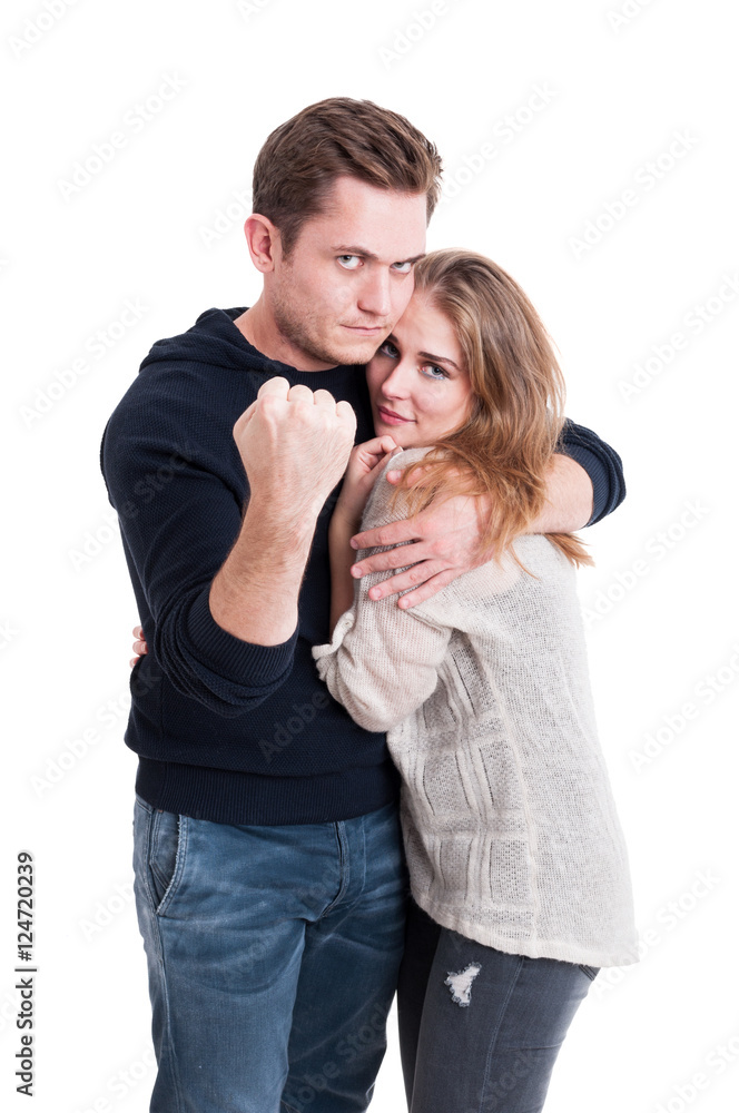 Man defending his woman showing fist Man defending his woman showing fist