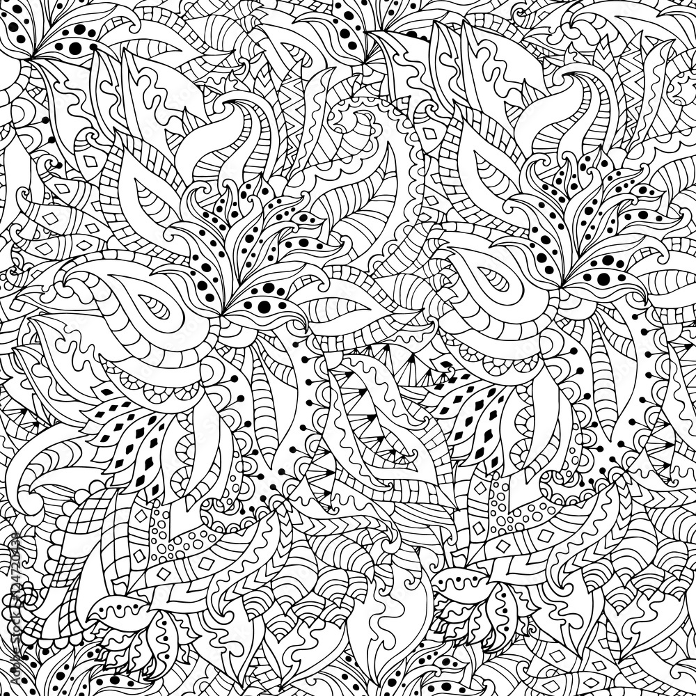 Hand drawn zentangle flowers and leaves seamless pattern Hand drawn zentangle flowers and leaves seamless pattern