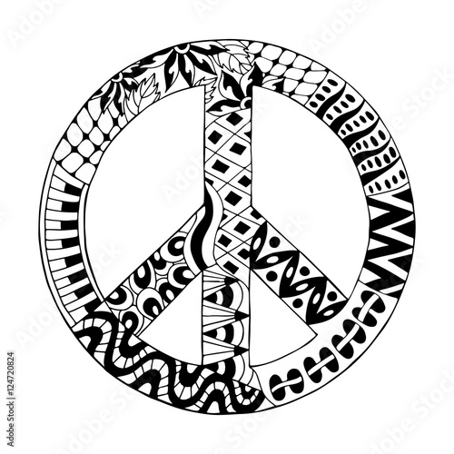 Hippie vintage peace symbol in zentangle style