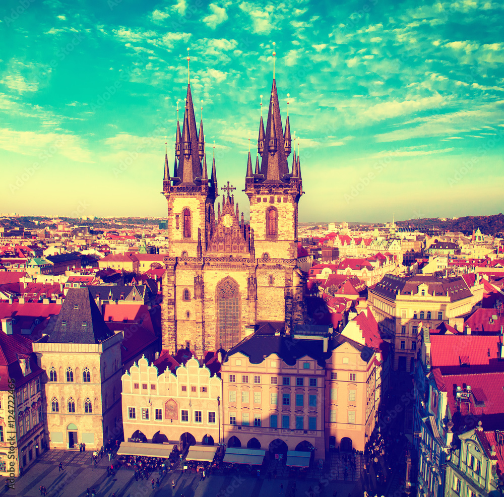 Old Town Square with Church of Our Lady before Tyn in eastern european Czech capital Prague -vintage view from Town Hall