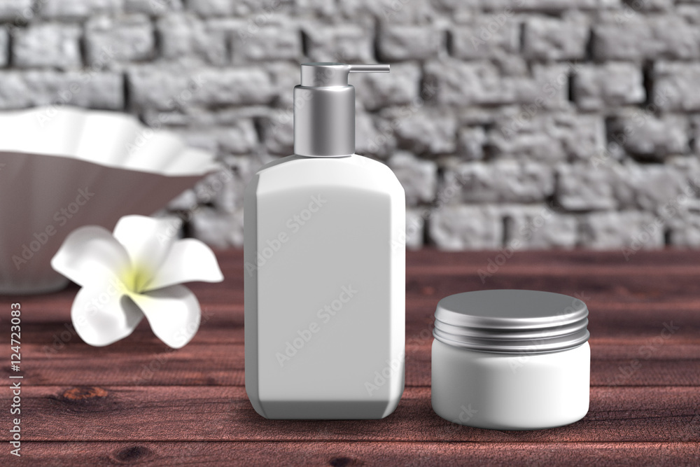 Cosmetic  packaging template white and silver screw cap set with white flower on wood table organic feeling 3d rendered