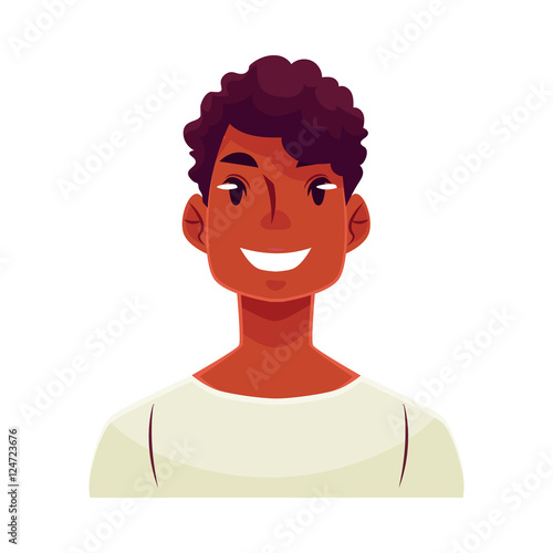 Young african man face, smiling facial expression, cartoon vector illustrations isolated on white background. Handsome boy emoji with wide smile, white teeth. Happy, glad, smiling face expression