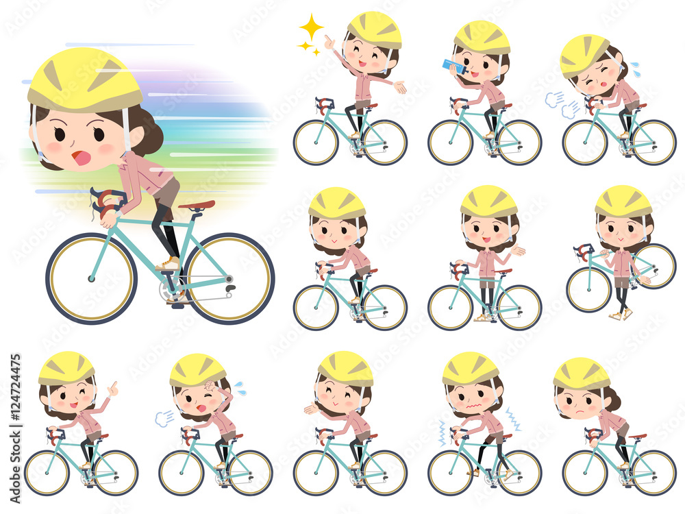 Pink wear Middle woman ride on rode bicycle Pink wear Middle woman ride on rode bicycle