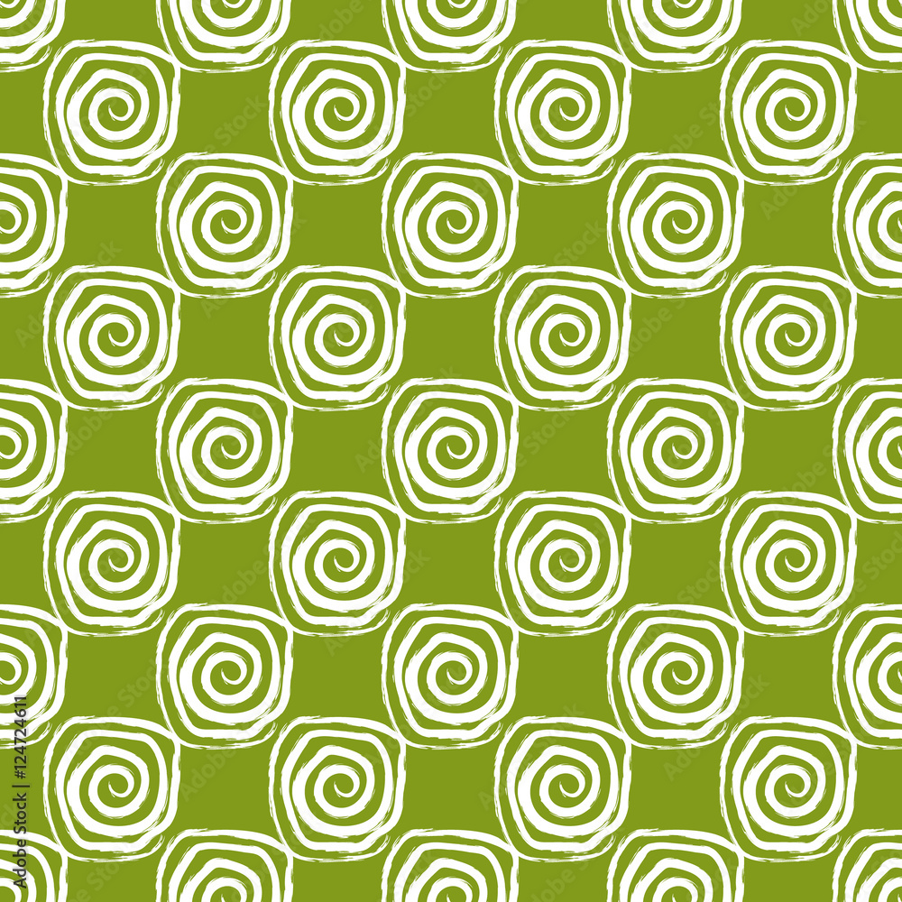 Pattern of white spirals on a green background