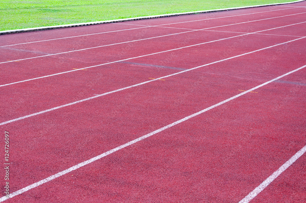 Fototapeta premium running track and green grass,Direct athletics Running track at Sport Stadium