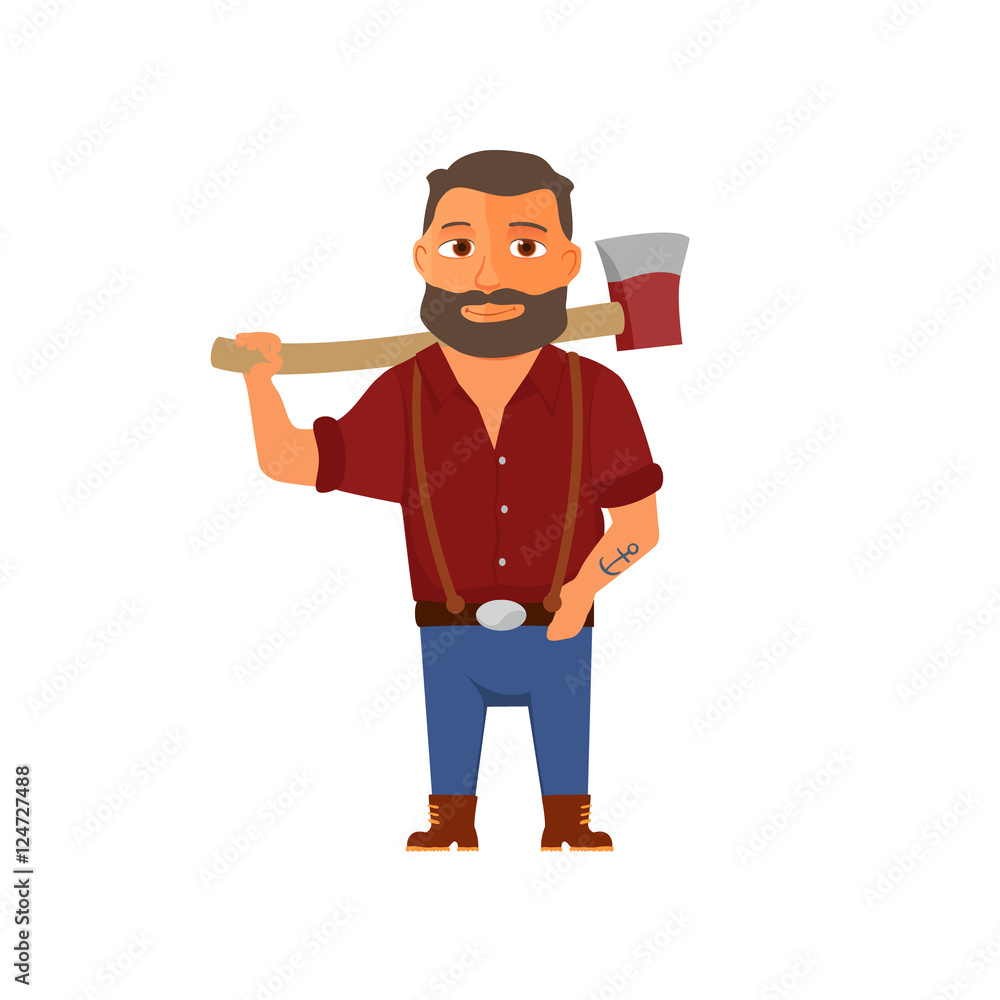 Cartoon lumberjack character with axe. Vector