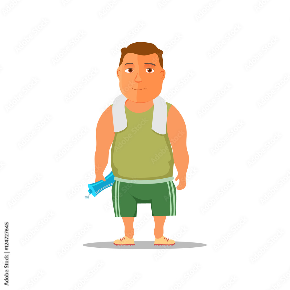 Cartoon guy after work out, with towel and water bottle. Vector