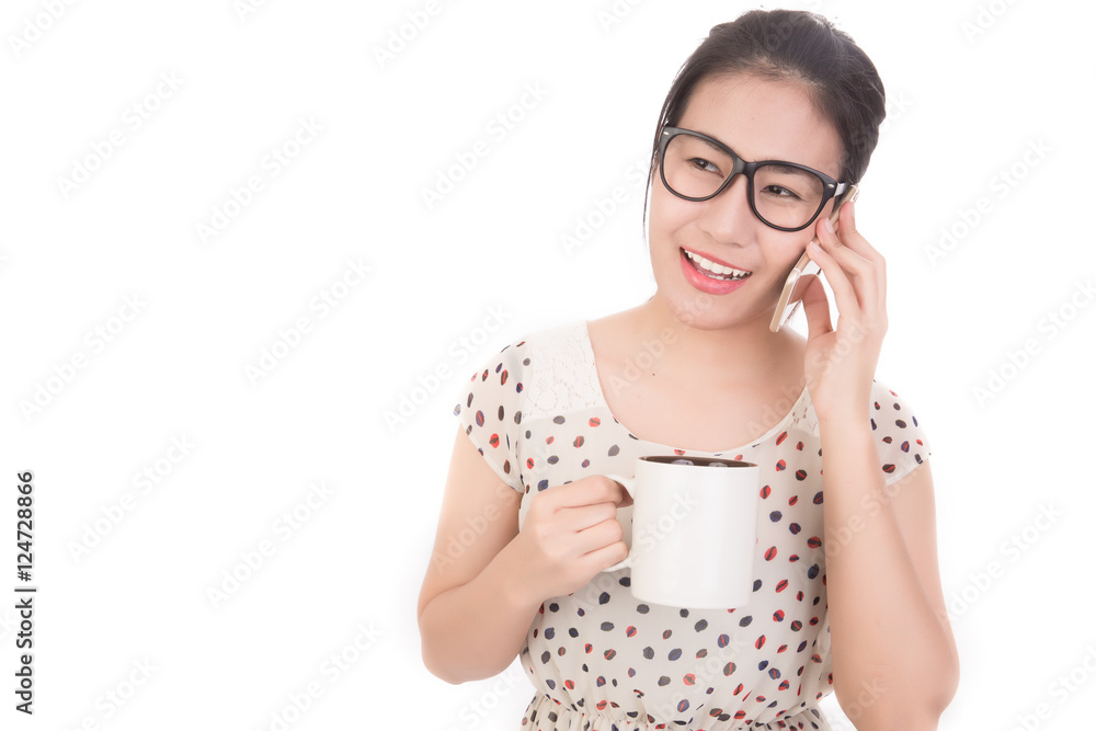 woman talking on a mobile phone and hold coffee cup. break time woman talking on a mobile phone and hold coffee cup. break time