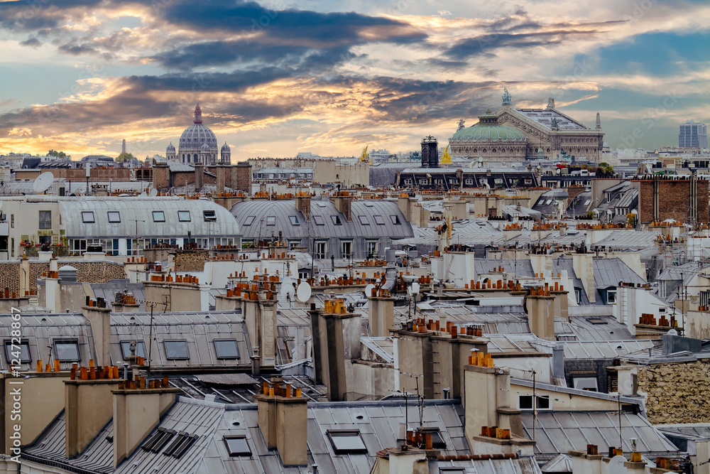 Overview of Paris from Pompidou Center with roof tops.France.