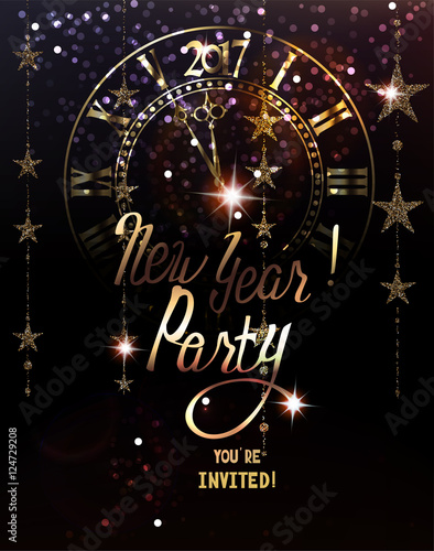 New Year Party invitation card with sparkling gold garlands and clock