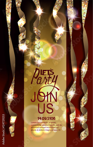 Party invitation card with realistic shiny gold serpentine
