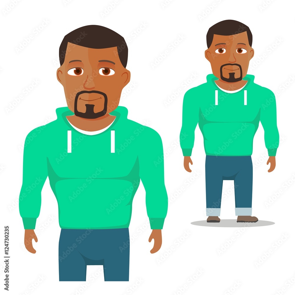 Black Man in green hoody Cartoon Character. Vector