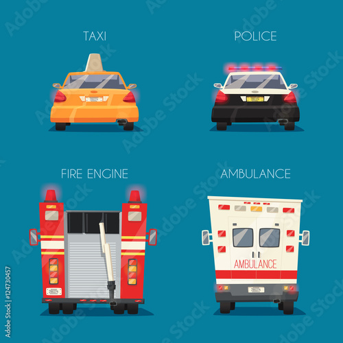 Police, Taxi, Ambulance car and Firetruck. Vector cartoon illustration