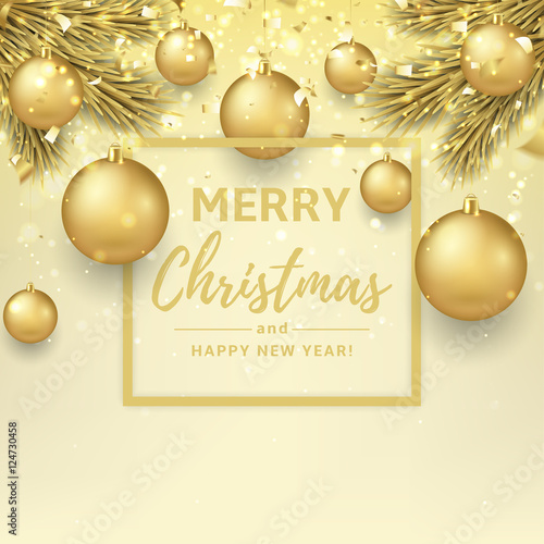 Merry Christmas and Happy New Year illustration. Beautiful gift card with golden balls on fir tree branches. Elegant vector background with gold confetti for xmas design. 