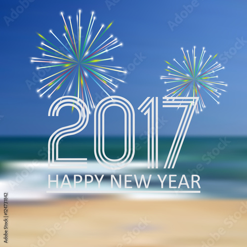 happy new year 2017 on blue beach like abstract color background with fireworks eps10