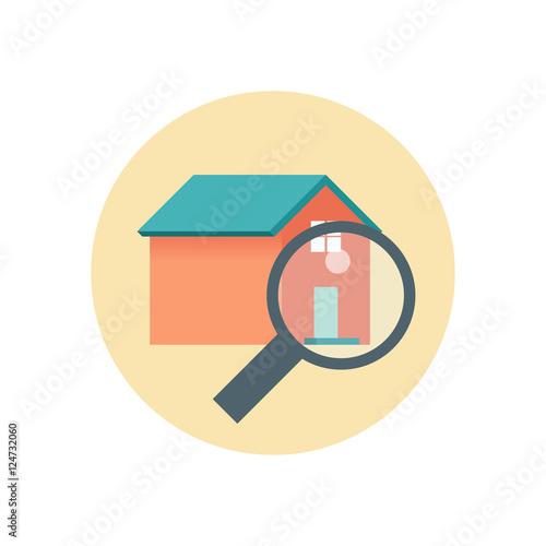 Flat Design Realty Icon Home with Magnifying Glass. Vector