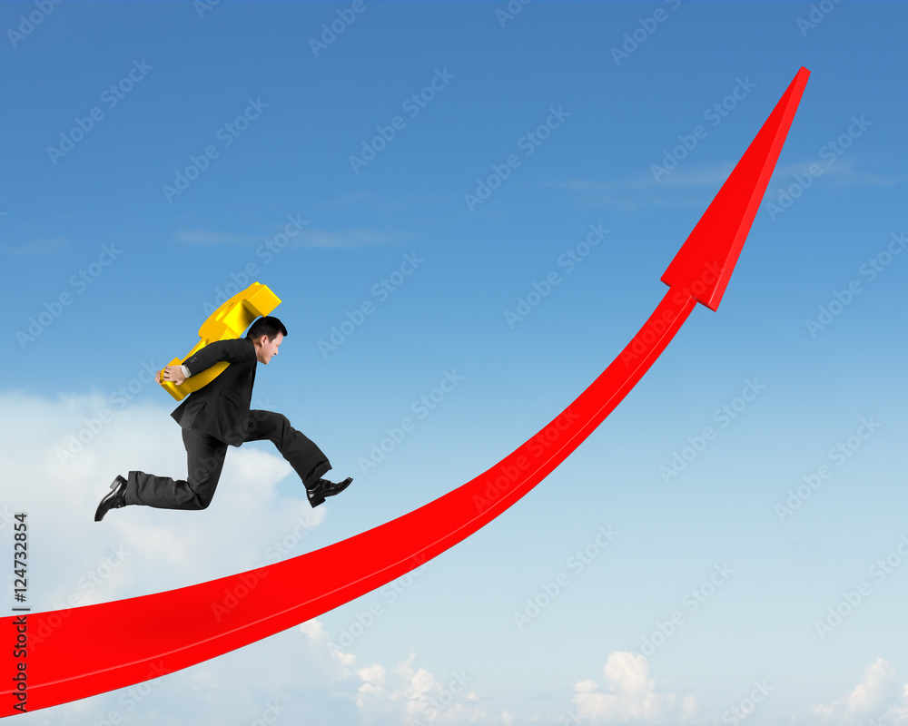 Man carrying dollar sign running on red arrow up graph Man carrying dollar sign running on red arrow up graph