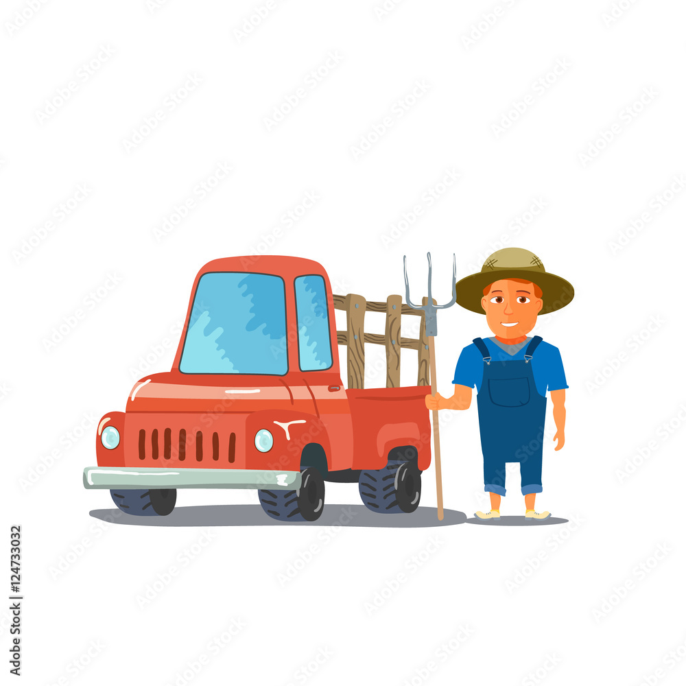 Cartoon Farmer Character with red Pickup Truck. Vector Cartoon Farmer Character with red Pickup Truck. Vector