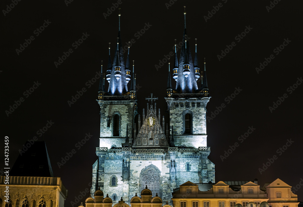 Church of Our Lady in front of Tyn in Prague at night