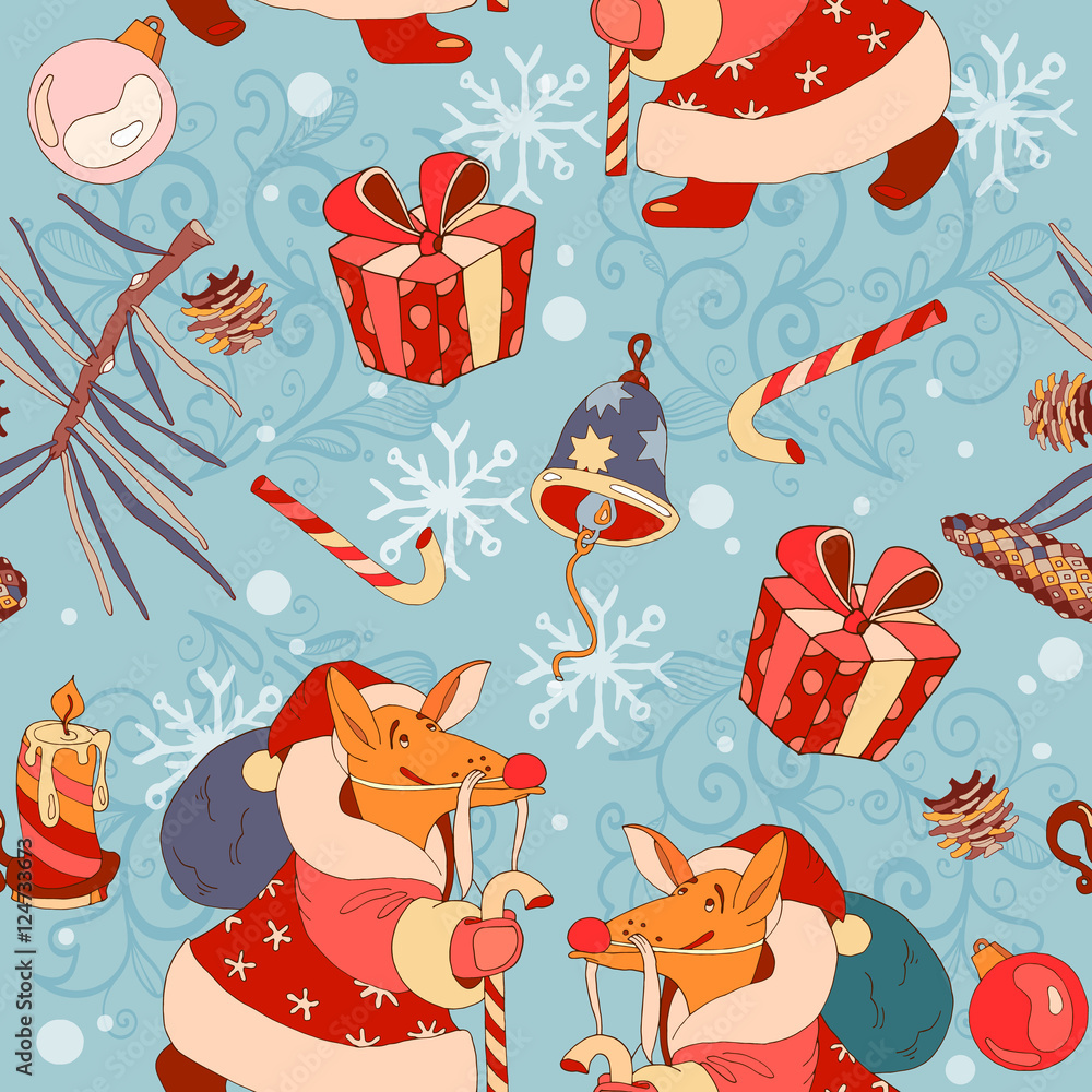 Christmas pattern, fox in a suit of Santa Clause