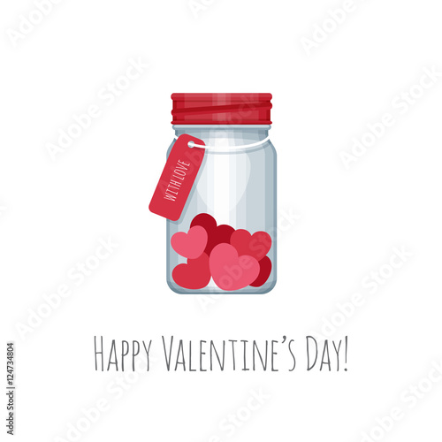 Mason jar with hearts inside. Сongratulation on Valentine's Day. Vector illustration.