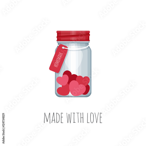 Mason jar with hearts inside. Vector illustration.