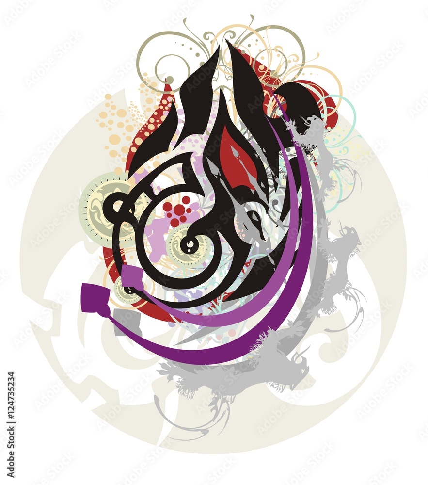 Fototapeta premium Grunge tribal spark. Stylization of the twirled textural spark with colorful splashes