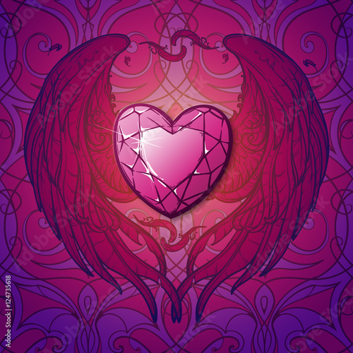 Detailed realistic drawing of a ruby gemstone surrounded with heart shaped wings. St. Valentine's day greeting card, astrology article, business card or corporate design. EPS10 vector illustration