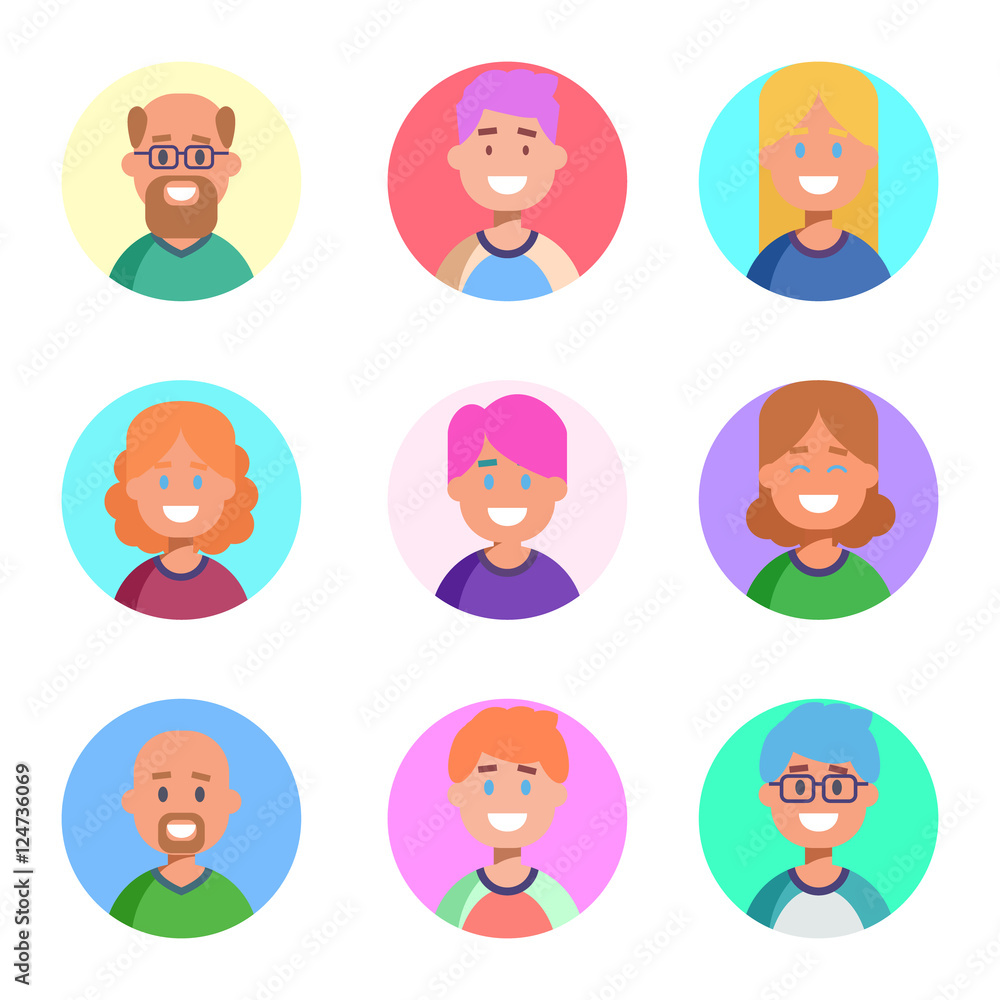 Flat design colorful icons collection of people avatars for profile page, social network, social media, different age man and woman characters, professional human occupation, portfolio. Vector Flat design colorful icons collection of people avatars for profile page, social network, social media, different age man and woman characters, professional human occupation, portfolio. Vector