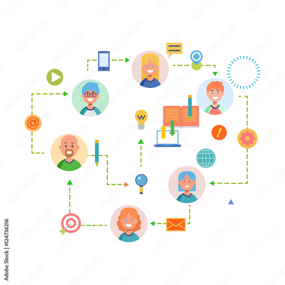 Flat design banner for workflow web page, business process, project management, teamwork, organization. Vector