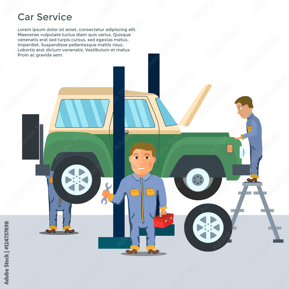 Auto mechanic in repair service center with car and working tools flat design. Vector