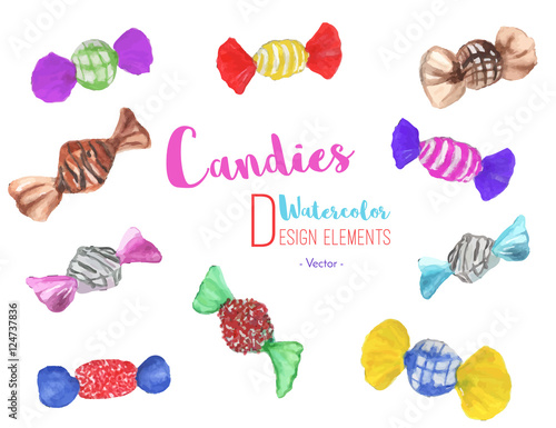 Hand painted watercolor assorted candies. Set of 10 colorful, bright watercolor graphic design elements isolated on white background. Chocolate sweets, candies, caramel collection. Vector illustration