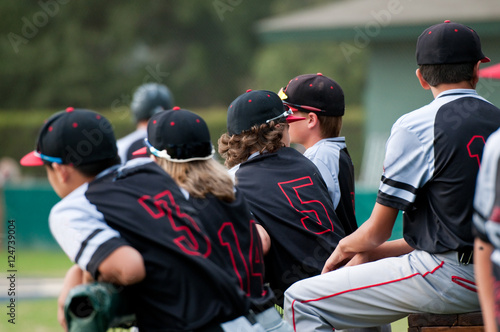 Baseball team standing in dugout