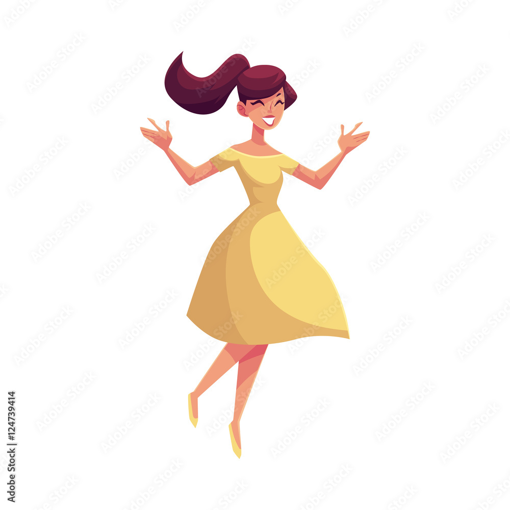 Fototapeta premium Beautiful young woman jumping from happiness, cartoon vector illustrations isolated on white background. Happy girl or young woman in a nice dress jumping in excitement