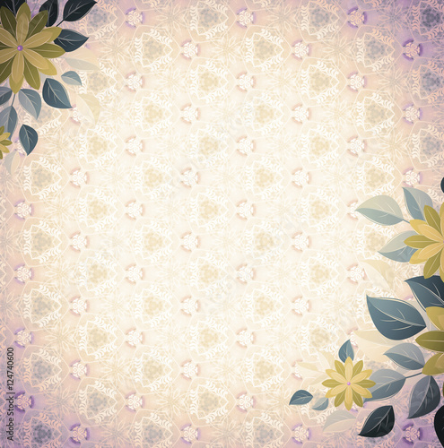 Vintage vignette with floral corners, beige and lilac