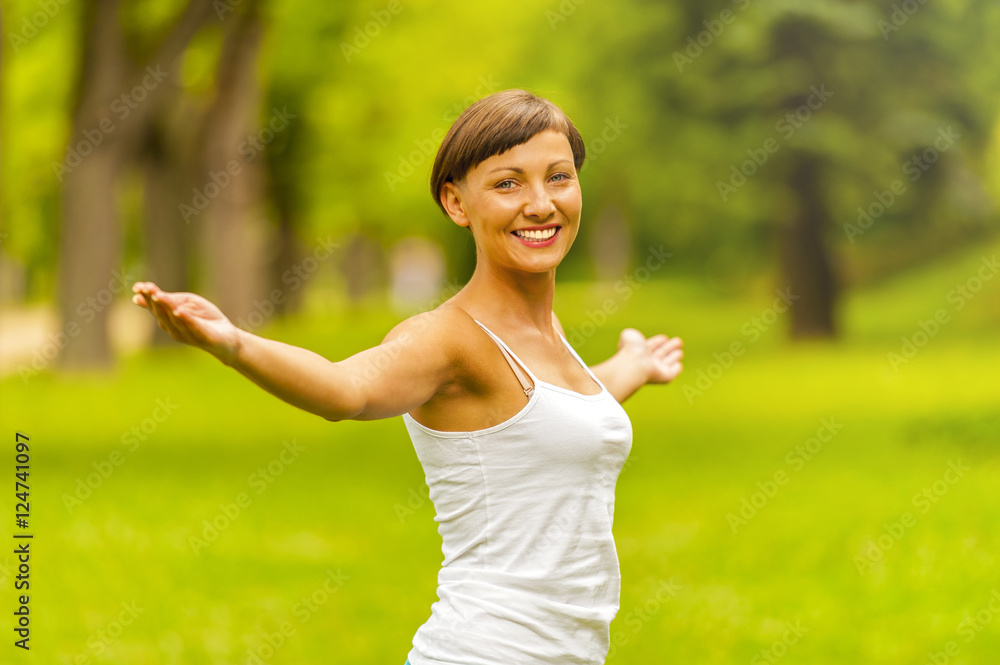 happy woman in wreath outdoors summer enjoying life opening hand happy woman in wreath outdoors summer enjoying life opening hand