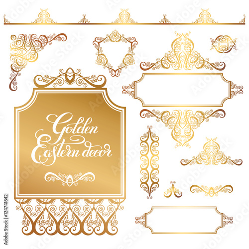set of floral golden eastern decor frame elements, paisley patte