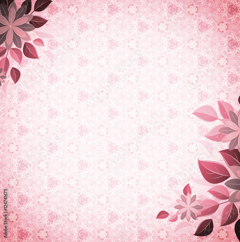 Vintage vignette with flower corners, pink