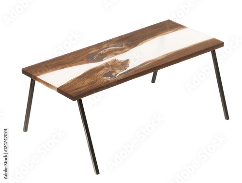 Wood and epoxy table on white isolated background