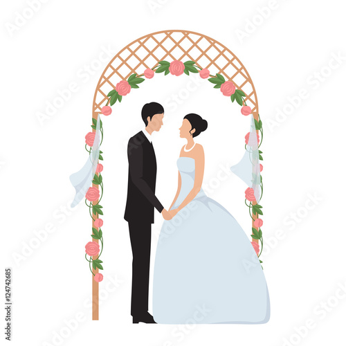 Bride and groom on the background of a wedding arch