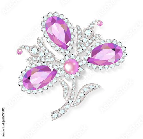 Fototapet Delicate flower gemstones brooch isolated on white background, v