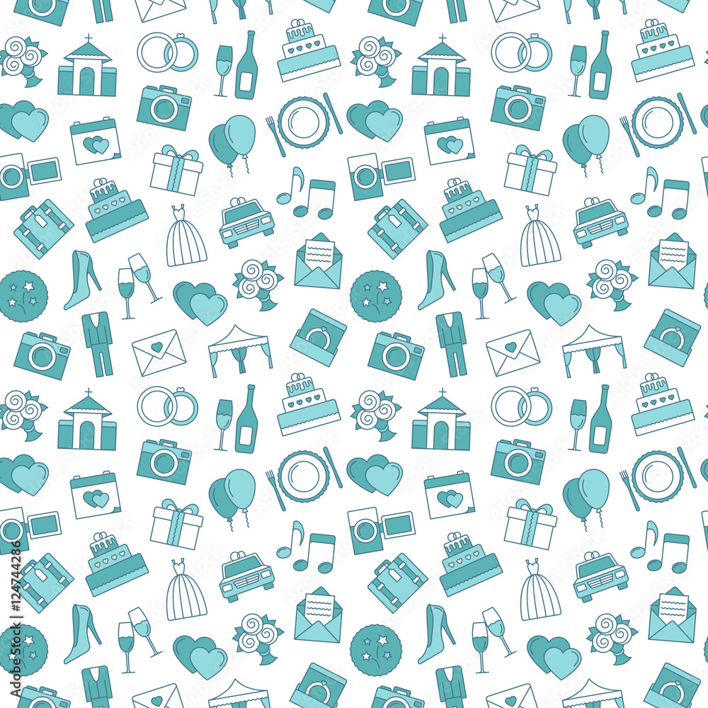 Wedding background. Seamless pattern of wedding object. Cartoon wedding symbols. Outline icons, black and white. Wedding background. Seamless pattern of wedding object. Cartoon wedding symbols. Outline icons, black and white.