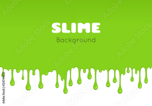 Background of dribble slime. Flowing green sticky liquid. Melted paint drips and flowing. Vector halloween illustration with toxic blob on grey