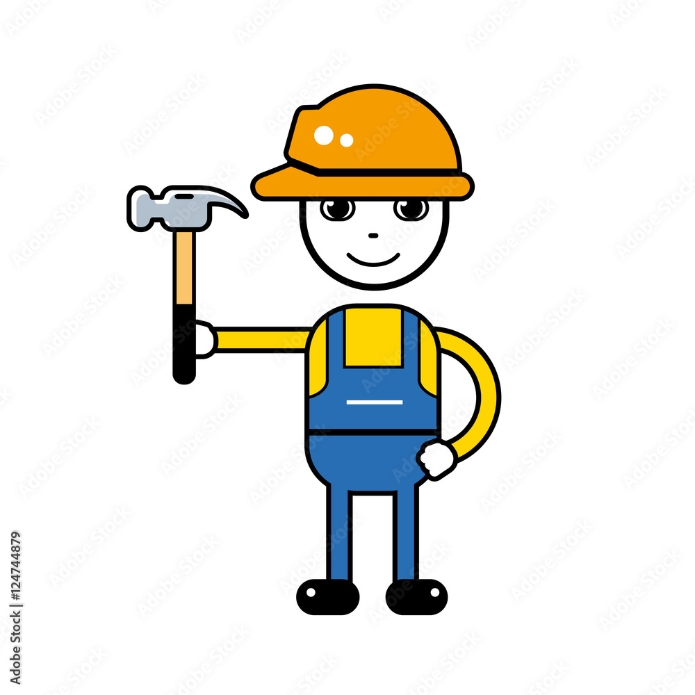 Builder handyman character in a safety helmet holding a hammer tool, vector icon isolated. Builder handyman character in a safety helmet holding a hammer tool, vector icon isolated.
