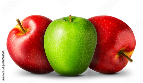 Group of red and green apples on white background.